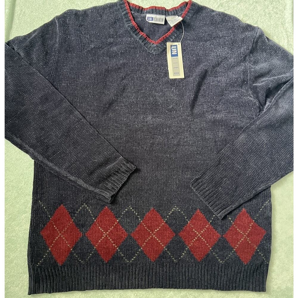 Vintage Navy UNITED V-Neck Chenille Sweater Red Argyle Pattern Deadstock NWT M